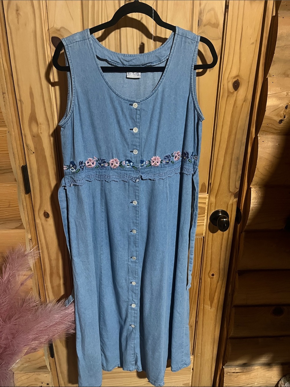 Vintage Denim Maxi Dress with Pink Floral Embroidery